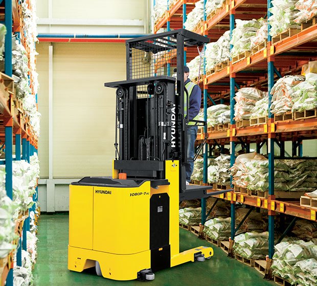 Hyundai order picker being used in a warehouse
