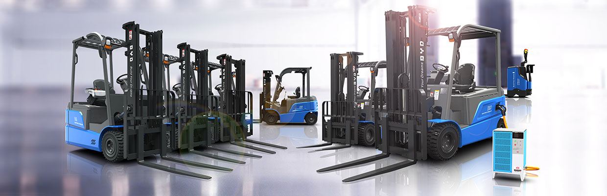 Large group of BYD electric forklifts