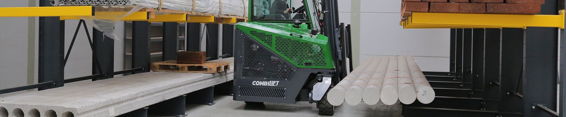 CombiLift forklift working with pipes