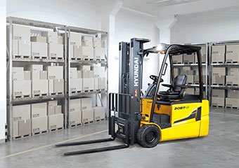 Hyundai electric forklift sitting in a warehouse