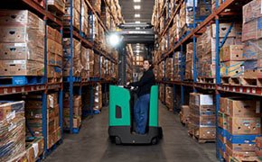 Mitsubishi narrow aisle forklift working in a warehouse