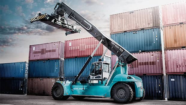 Konecranes reach stacker with new parts working at a port with containers