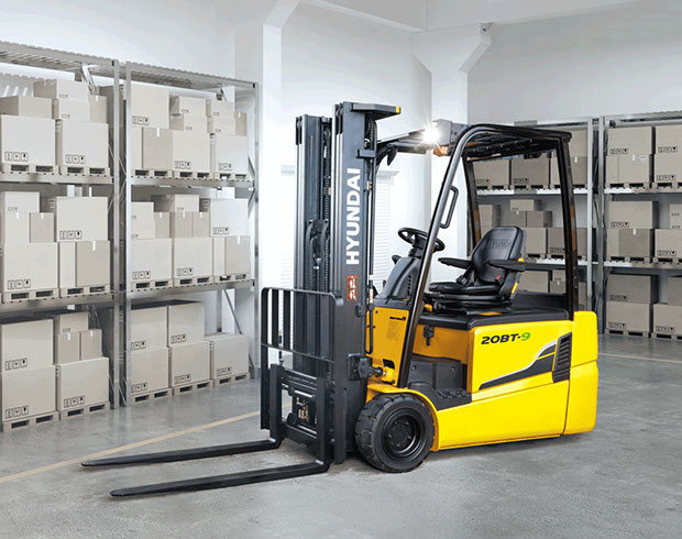 Hyundai forklift rental sitting in a warehouse