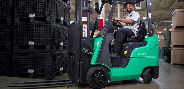Rental on a cushion tire forklift being used in a warehouse