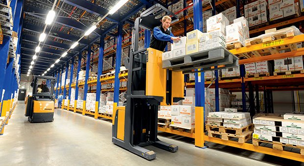 Rentals of Jungheinrich electric narrow aisle forklifts in a warehouse