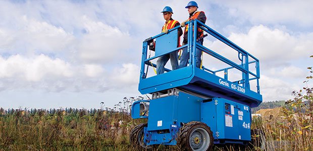 Rental of a rough terrain scissor lift going through a field