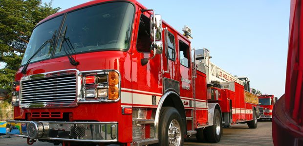 Emergency response fire trucks in training