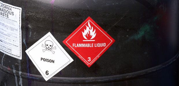 Flammable liquid warning sticker on materials for safety